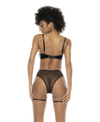Ensemble 2 pièces, en vinyl et résille noir, soutien gorge seins nus et string avec zip fonctionnel 